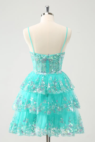 Lindo vestido de cóctel de lentejuelas sin tirantes con purpurina verde